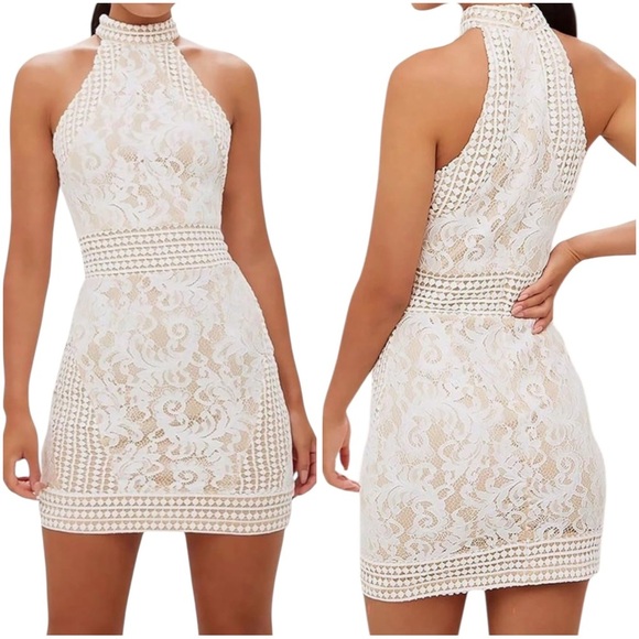 NWT PrettyLittleThing 10 White Nude Sleeveless Mini Dress Bride Wedding Dance - Picture 1 of 8